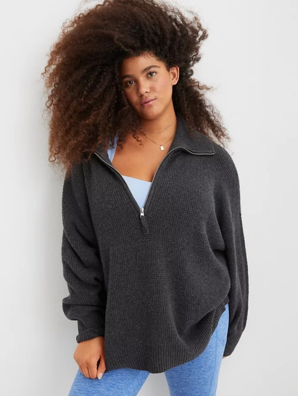 Aerie Womens Charcoal Heather Gray CozyUp Waffle Quarter Zip Sweater Size Small